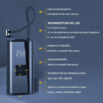 Compressor de Ar Portátil para Pneus de Moto, Bicicleta, Carro e Bolas